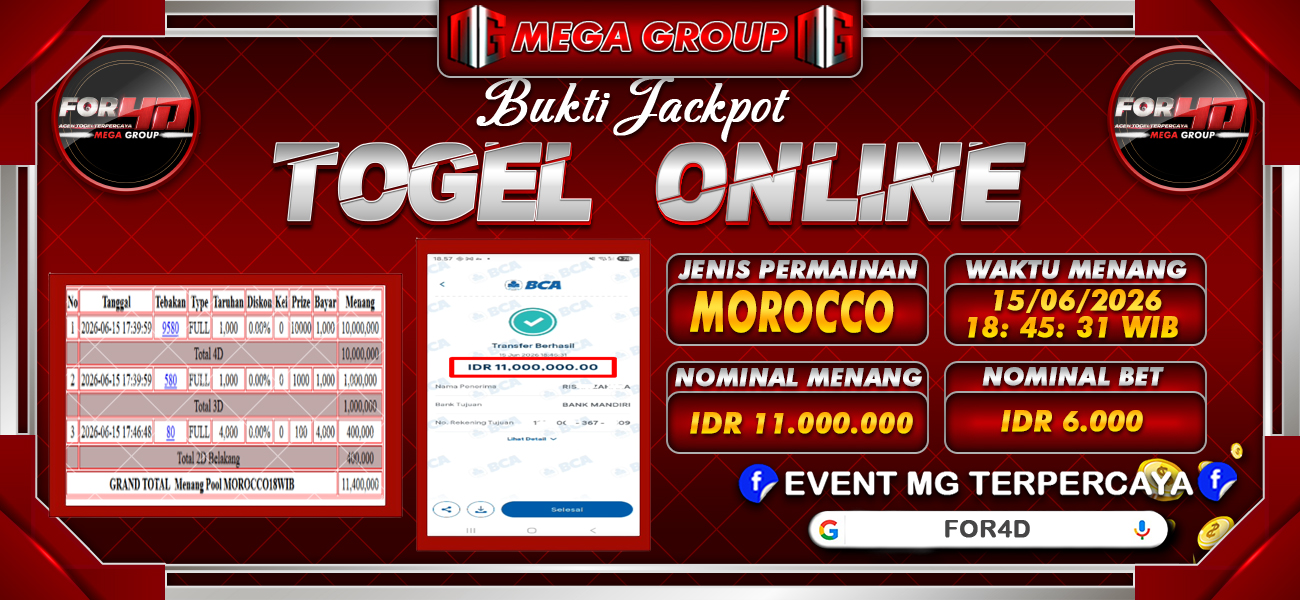 Bukti JP situs For4D hari Senin, 15 Juni 2026